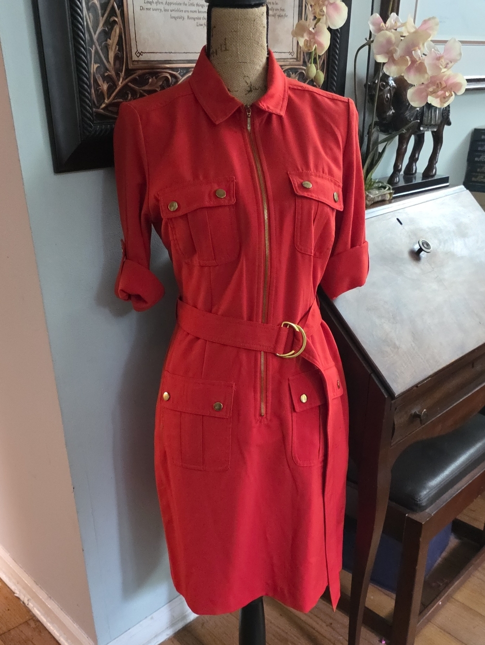 Sharagano Red Belted Utility Midi Dress